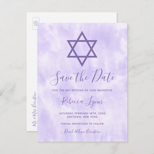 Paarse Tie Dye Bat Mitzvah Save the Date Aankondigingskaart (Voorkant / Achterkant)