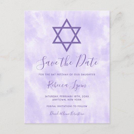 Paarse Tie Dye Bat Mitzvah Save the Date Aankondigingskaart (Voorkant)