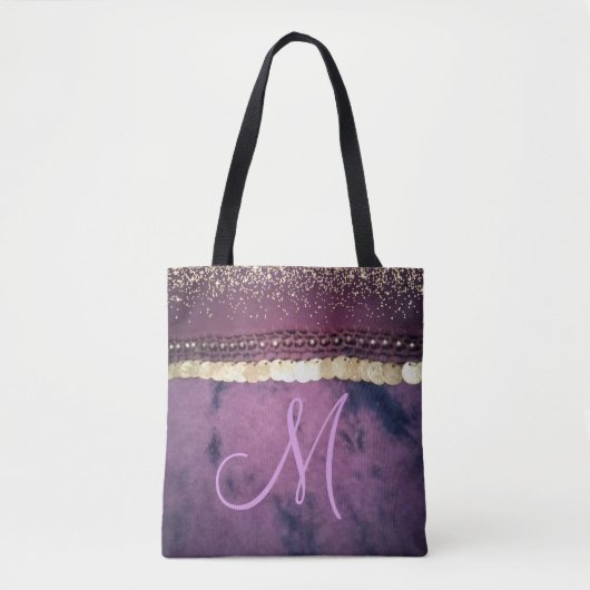 Paarse Tie Dye Monogram Gouden Munten Glitter Tote Bag (Voorkant)
