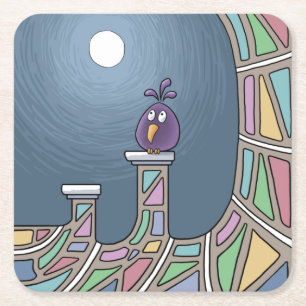Paarse Tiki Vogel met volle maan Vierkant papier Kartonnen Onderzetters