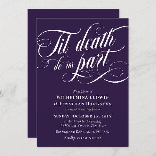 Paarse Til Death Do us Part Elegant Gothic Bruilof Kaart (Voorkant / Achterkant)