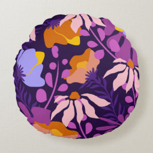 Paarse Tint Moderne Bloemen Ronde Kussen