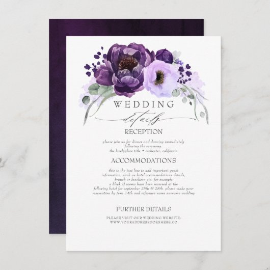 Paarse tinten bloemen bruiloft informatie informatiekaartje (Voorkant / Achterkant)