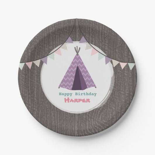 Paarse Tipi Birthday Papieren Bordje (Voorkant)