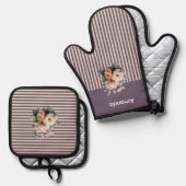 Paarse Top met Ivoren Strepen Bloemen Ovenwant & Pannenlap Set (Voorkant / Achterkant)