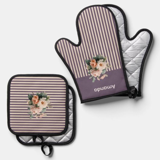 Paarse Top met Ivoren Strepen Bloemen Ovenwant & Pannenlap Set (Voorkant / Achterkant)