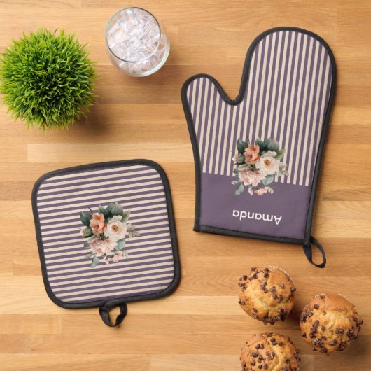 Paarse Top met Ivoren Strepen Bloemen Ovenwant & Pannenlap Set (Top down)