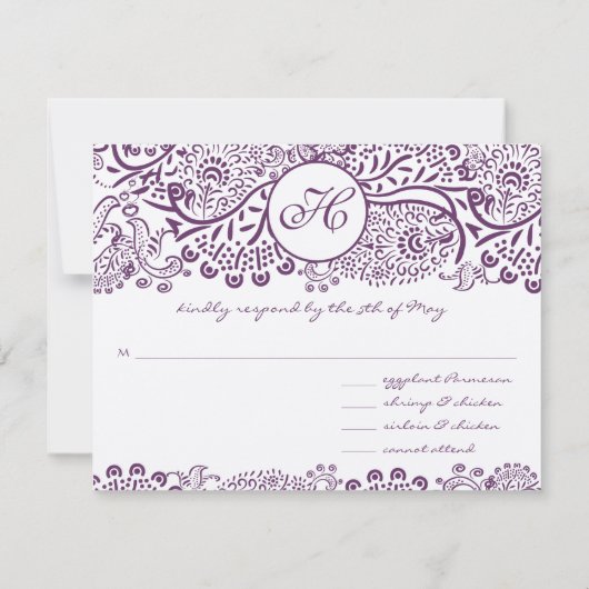 Paarse Tortelduifjes Damask Monogram Weddings RSVP (Achterkant)