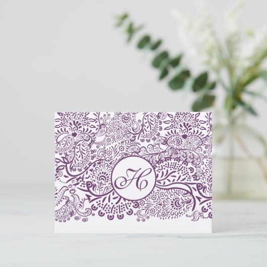 Paarse Tortelduifjes Damask Monogram Weddings RSVP (Staand voorkant)