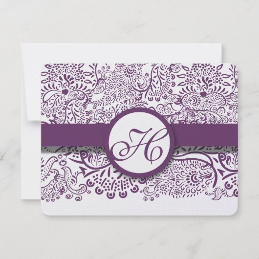 Paarse Tortelduifjes Damask Monogram Weddings RSVP (Voorkant)