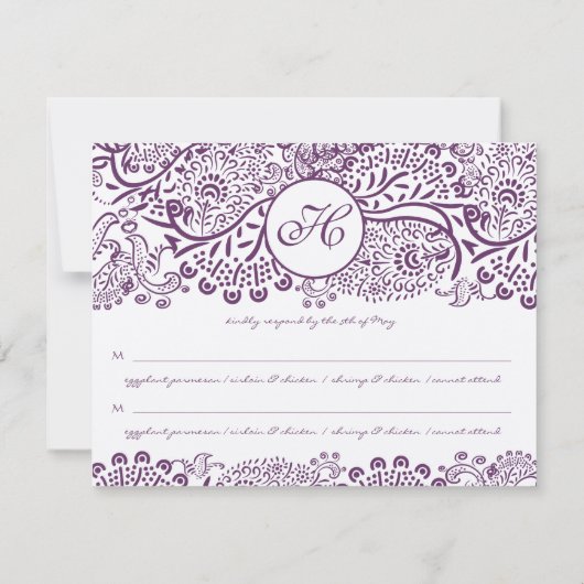 Paarse Tortelduifjes Damask Monogram Weddings RSVP (Achterkant)
