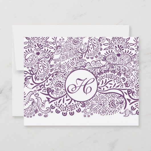 Paarse Tortelduifjes Damask Monogram Weddings RSVP Kaartje (Voorkant)