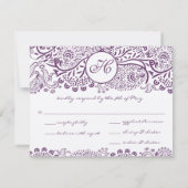 Paarse Tortelduifjes Damask Monogram Weddings RSVP Kaartje (Achterkant)