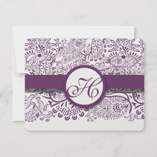 Paarse Tortelduifjes Damask Monogram Weddings RSVP Kaartje