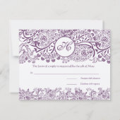 Paarse Tortelduifjes Damask Monogram Weddings RSVP Kaartje (Achterkant)
