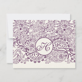 Paarse Tortelduifjes Damask Monogram Weddings RSVP Kaartje