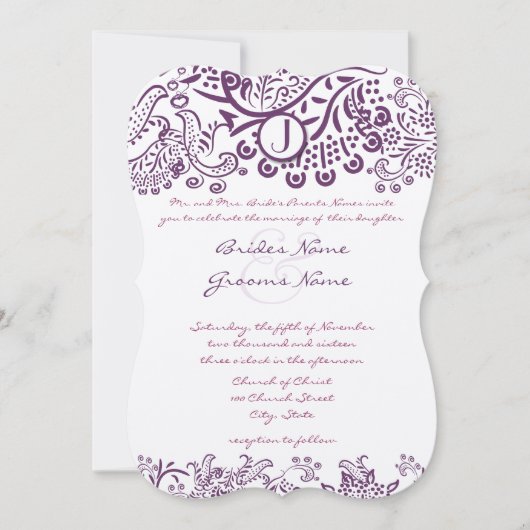 Paarse Tortelduifjes Fairy Tale Monogram Weddensch Kaart (Voorkant)