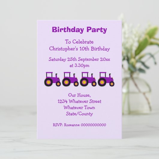 Paarse Tractor Design Boy's verjaardagsfeestje Kaart (Staand voorkant)