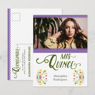 Paarse Traditionele Mexicaanse Floral Foto Quincea Uitnodiging Briefkaart