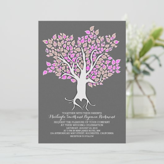 Paarse Tree Elegant Moderne Huwelijksuitnodigingen Kaart (Staand voorkant)