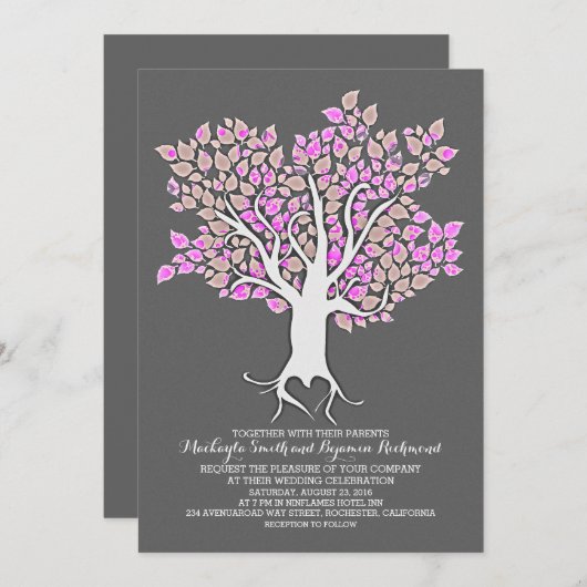 Paarse Tree Elegant Moderne Huwelijksuitnodigingen Kaart (Voorkant / Achterkant)