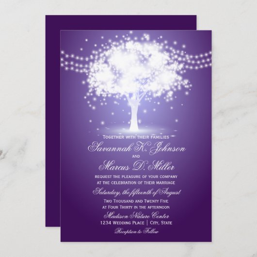 Paarse Tree String Lights Huwelijksuitnodigingen Kaart (Voorkant / Achterkant)