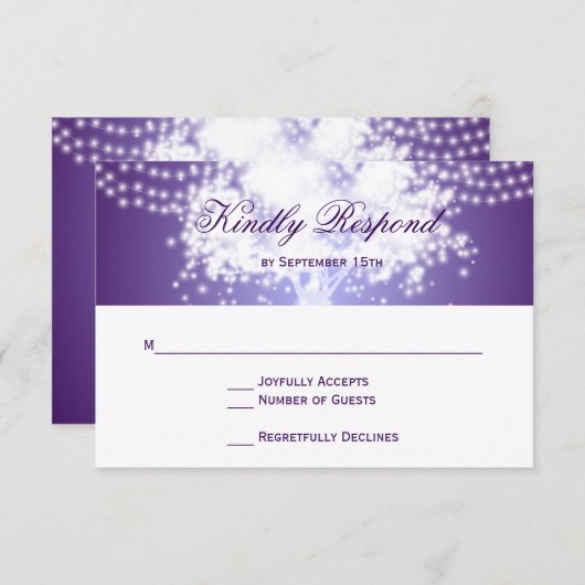 Paarse Tree String Lights Wedding RSVP Kaarten (Voorkant / Achterkant)