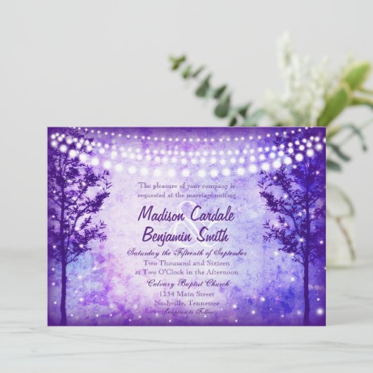 Paarse Trees String Lights Wedding Invitations Kaart (Staand voorkant)