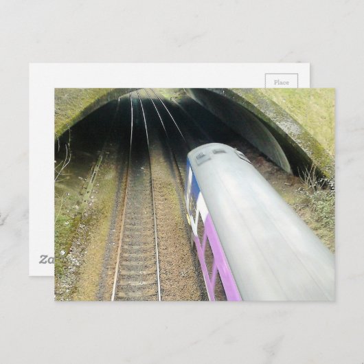 Paarse trein, spoorbaan, tunnel, reizen briefkaart (Voorkant / Achterkant)