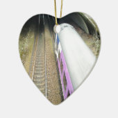 Paarse trein, spoorbaan, tunnel, reizen keramisch ornament (Links)