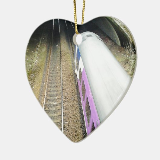 Paarse trein, spoorbaan, tunnel, reizen keramisch ornament (Links)