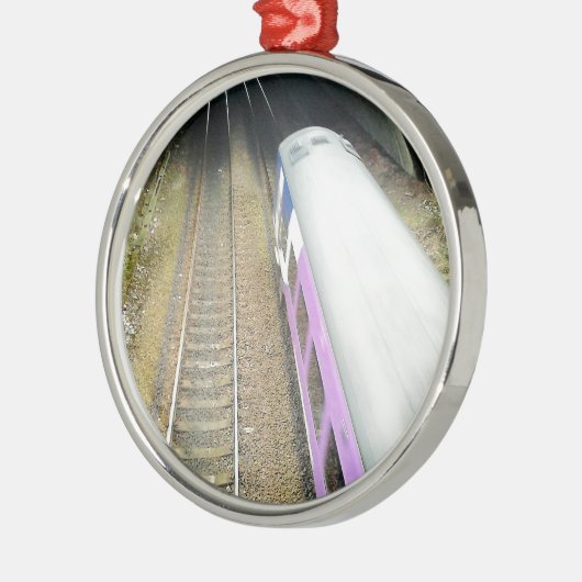 Paarse trein, spoorbaan, tunnel, reizen metalen ornament (Links)