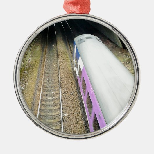 Paarse trein, spoorbaan, tunnel, reizen metalen ornament (Voorkant)