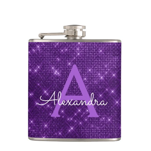 Paarse Trendy Sparkle Monogram Initiaal Heupfles (Voorkant)