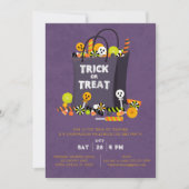 Paarse Trick or treat Kinder Kostuumfeest Uitnodig Kaart (Voorkant)