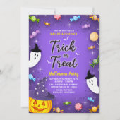 Paarse Trick or treat Kinder partij Halloween Kaart (Voorkant)