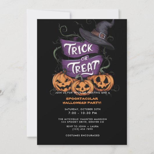 Paarse Trick or treat Spooktacular Halloween Party Kaart (Voorkant)