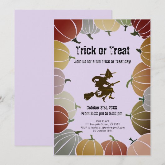 Paarse Trick or treat Spooky Flying Witch Pumpkins Feestdagenkaart (Voorkant / Achterkant)