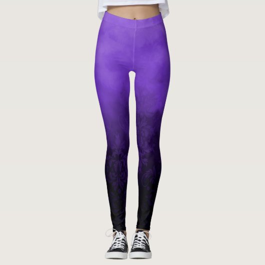 Paarse troebele rokerige Damask Glam Mode Leggings (Voorkant)