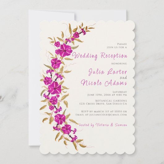 Paarse trompet bloementuin bruiloft receptie kaart (Voorkant)