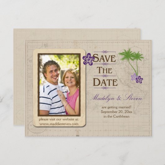 Paarse Tropical Destination Foto Bewaar de datum Aankondigingskaart (Voorkant / Achterkant)