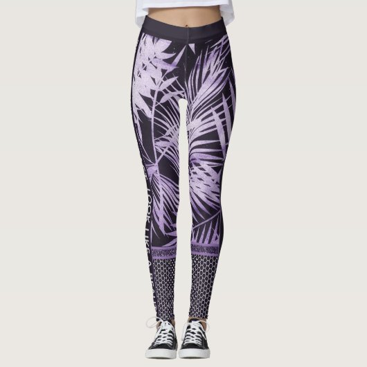 Paarse tropische bladeren glitter & quote stijlvol leggings (Voorkant)