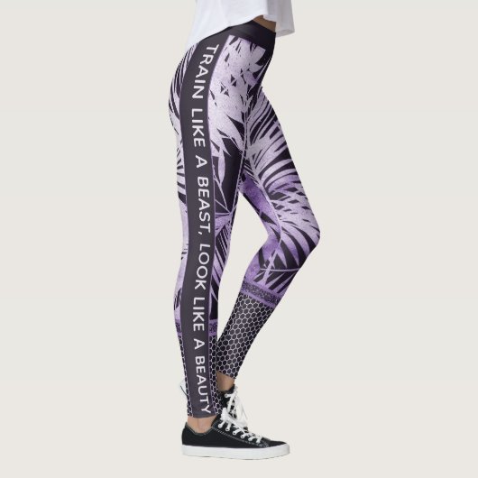 Paarse tropische bladeren glitter & quote stijlvol leggings (Rechts)