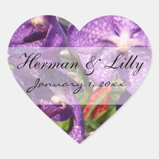 Paarse Tropische Bloemen Aangepaste bruiloft Hart Sticker (Voorkant)