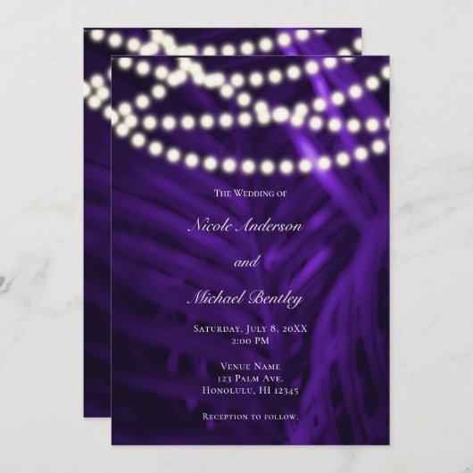 Paarse tropische palmbladeren en lightbruiloft kaart (Voorkant / Achterkant)