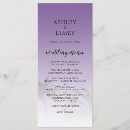 Paarse tropische palmboom Beach Weddenschap Menu (Voorkant)