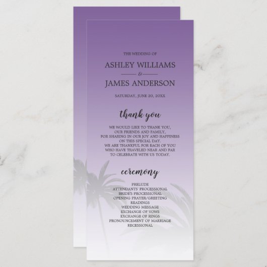 Paarse tropische palmboom Beach Weddenschap Programmakaart (Voorkant / Achterkant)