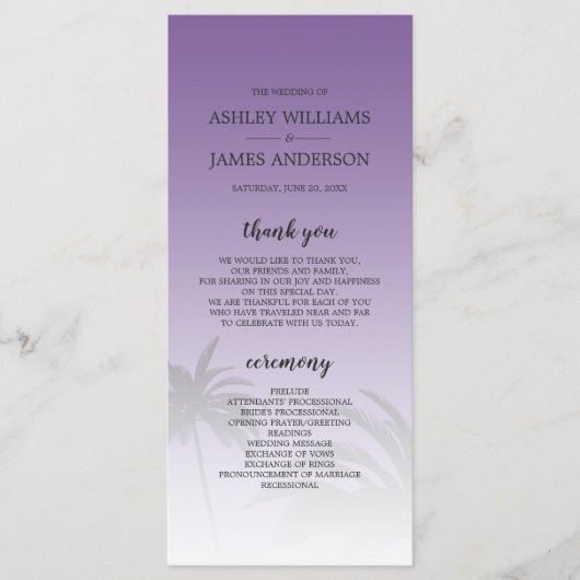 Paarse tropische palmboom Beach Weddenschap Programmakaart (Voorkant)