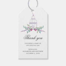 Paarse trouw dank je. Vogelkooi en bloemen Cadeaulabel