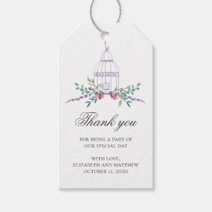 Paarse trouw dank je. Vogelkooi en bloemen Cadeaulabel